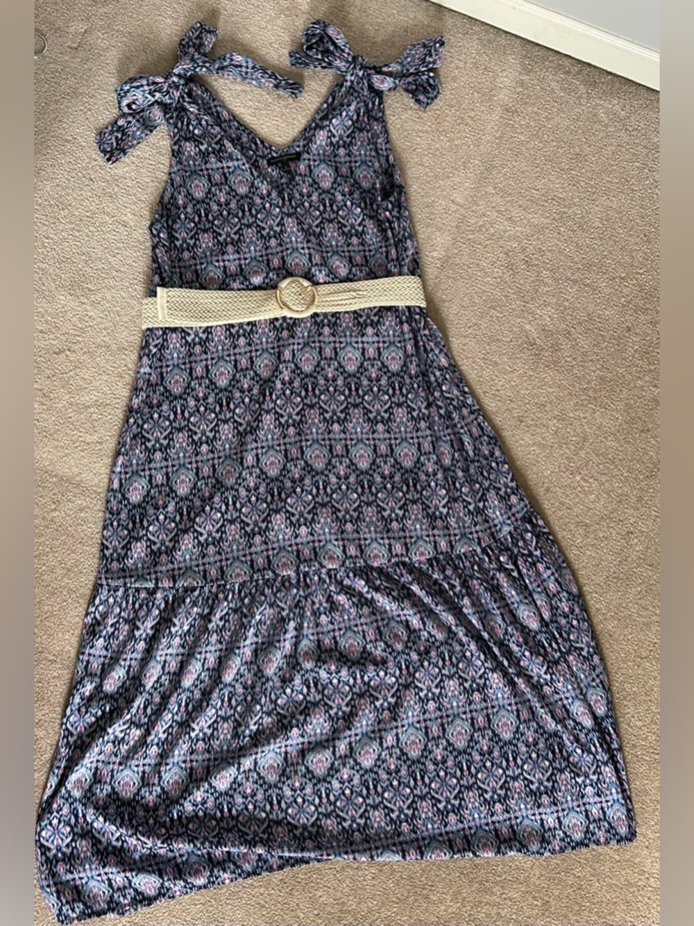 Tie-Shoulder Printed Maxi Dress in Navy and Pink (belt not included)